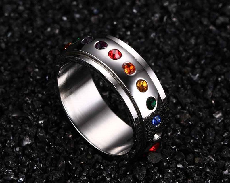 Titanium Steel Rainbow Inlaid Color Zircon Rotating Rotating Ring
