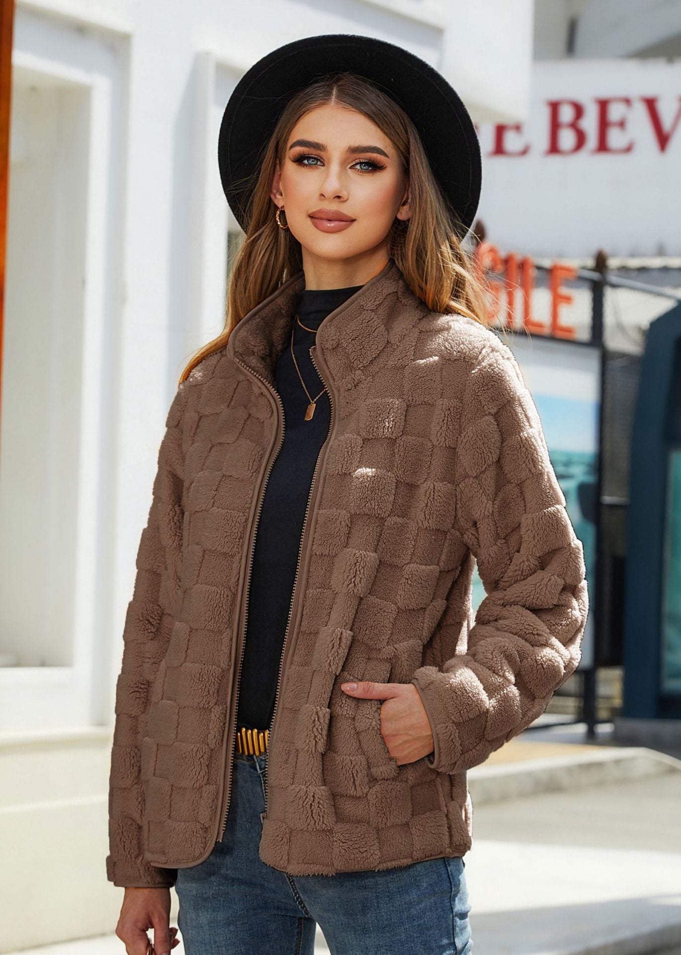 Stand-up Collar Plush Jacket Winter Long-sleeved Loose