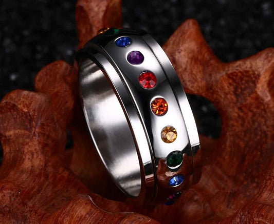 Titanium Steel Rainbow Inlaid Color Zircon Rotating Rotating Ring