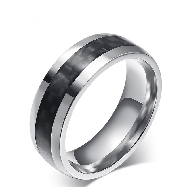 Black Carbon Fiber Inlay Men's Wedding Brand Ring Stainless Steel