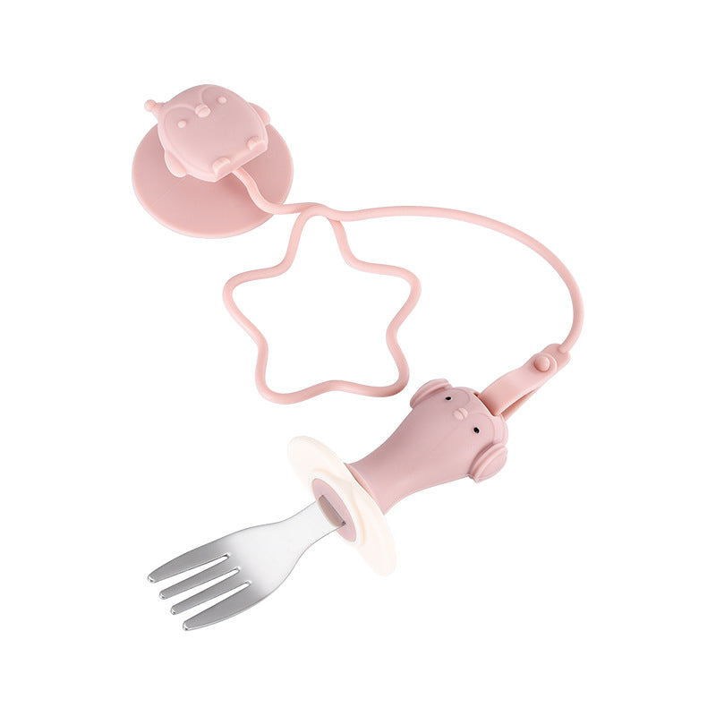Infant Stainless Steel Training Spoon Fork Silicone Anti-drop Children's Spoon Suction Cup Anti-drop Chain