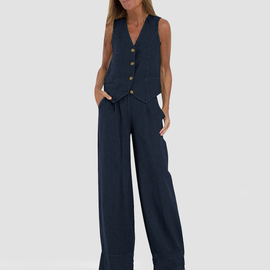 Summer Vest Suits V-neck Botton Sleeveless Top And Loose