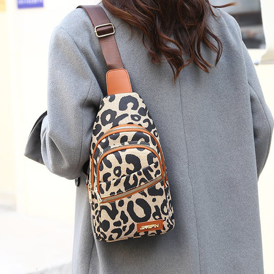 Leopard Print Sling Chest Bag With Headphone Jack Crossbody Backpack