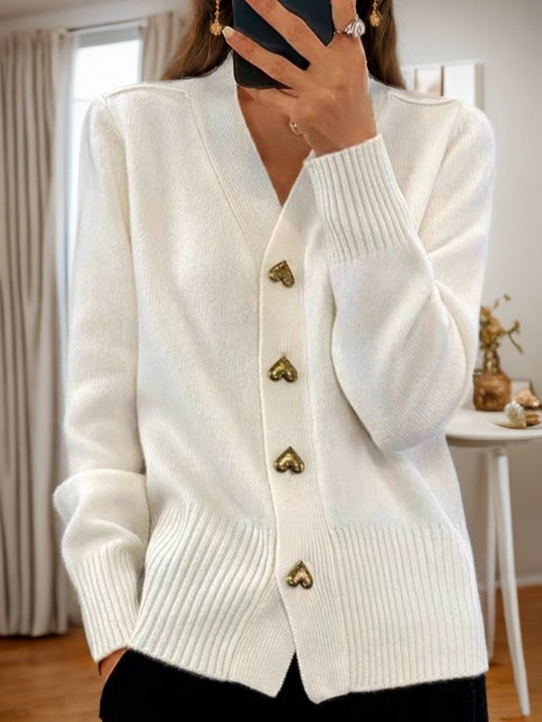 V-neck Knitted Sweater With Love Button Fashion Solid Long-sleeved