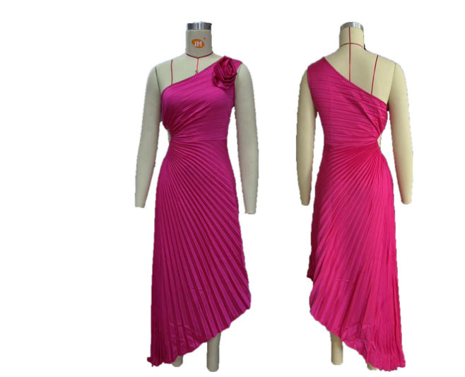 Ins Pleated One-shoulder Dress With Big Rose Flower