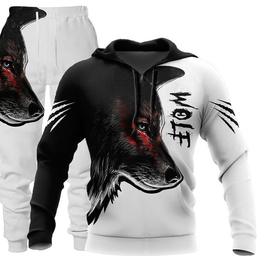 3D Wolf Print Tracksuit Men Sportswear Hooded Sweatsuit