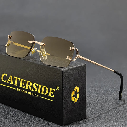 Blue Rectangular Sunglasses Men Rimless Metal Fashion