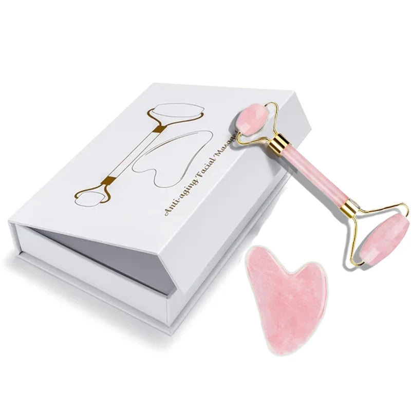 Rose Quartz Natural Jade Roller Massager Guasha Set