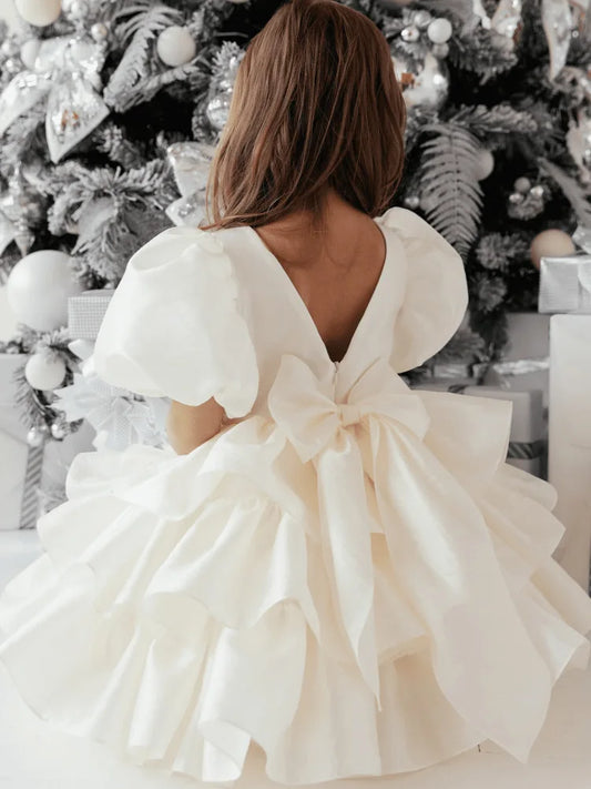 Girls Creamy-white Bow Short Sleeve High-End Dress