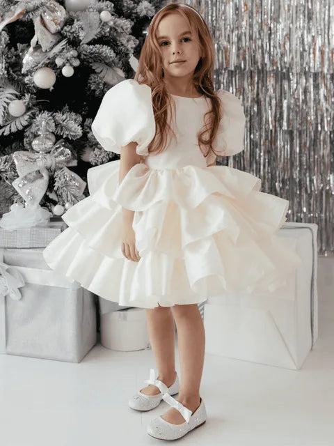 Girls Creamy-white Bow Short Sleeve High-End Dress