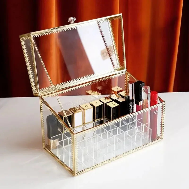Golden Makeup Organizer Storage Box Glass Cosmetic