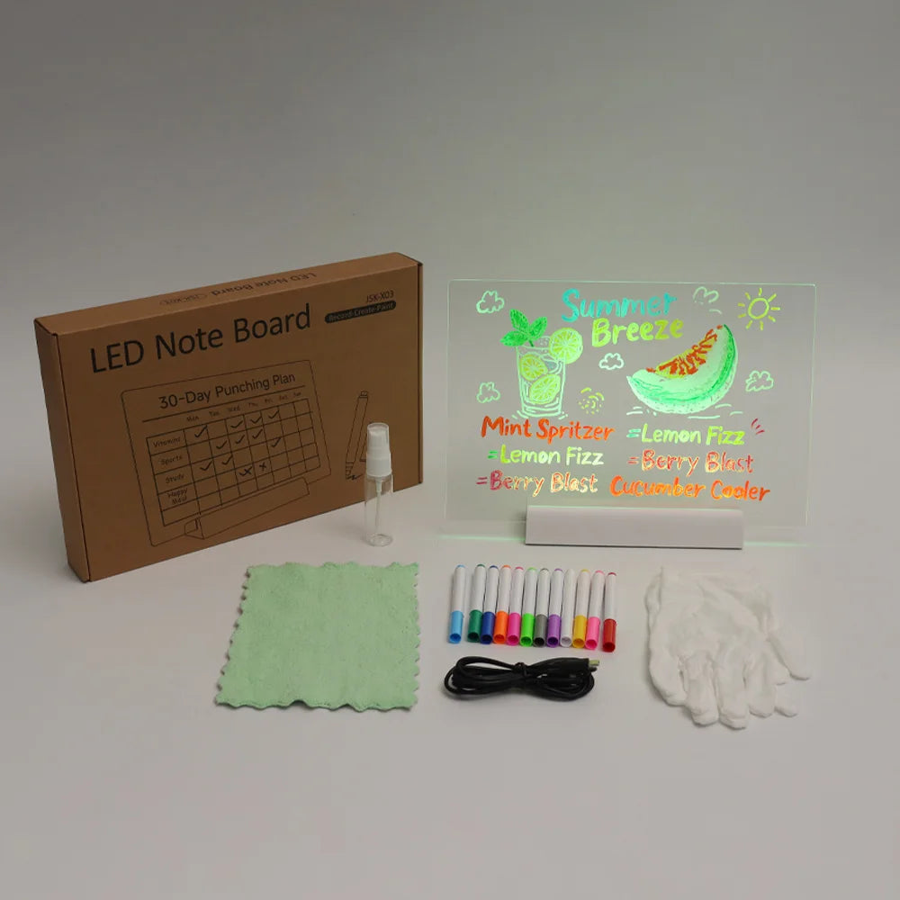LED Note Board DIY Acrylic Night Light 7 Pens Drawing Board