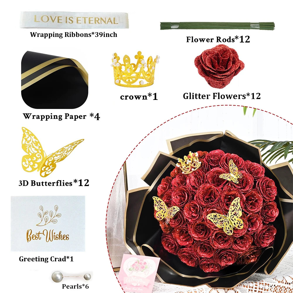 Red Glitter Roses Bouquet DIY Gift Set Everlasting Shiny
