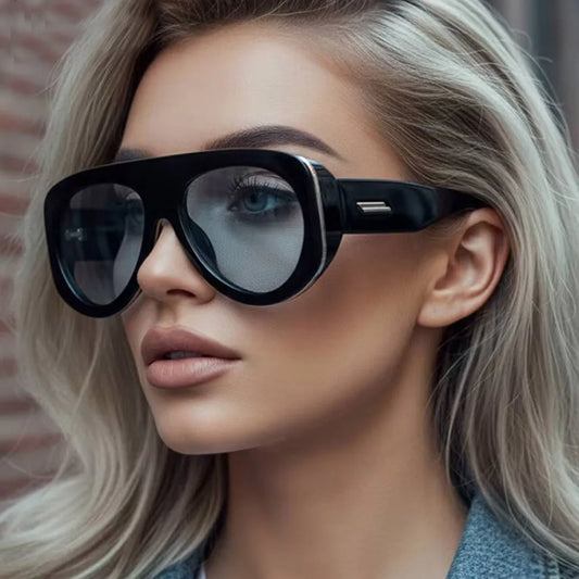 Vintage thick frame stripe oval sunglasses for women