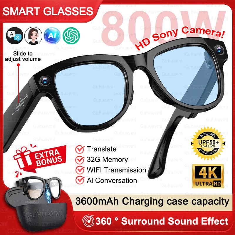 New 3600mAh Large Battery Smart Glasses 8MP HD Camera