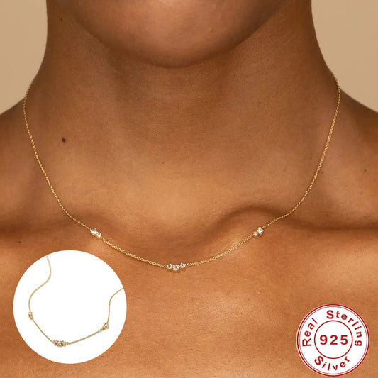 Fashion S925 Sterling Silver Simple Triple Diamond Twin Clavicle Necklace