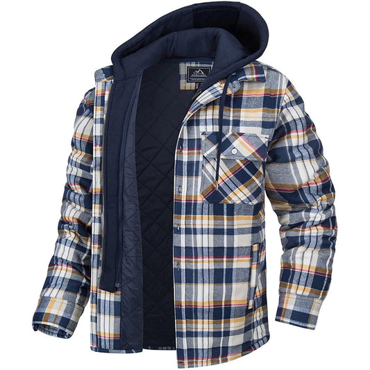 Men's Plaid Hooded Coat Winter Warm Button Zip-up Jacket