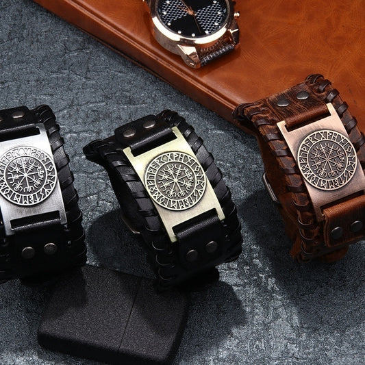 New Trendy Wide Leather Pirate Compass Bracelet