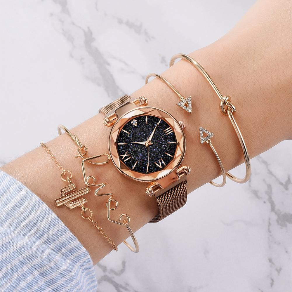 Luxury Brand Rose Gold Starry Sky Dial Watches Women Ladies Crystal Bracelet