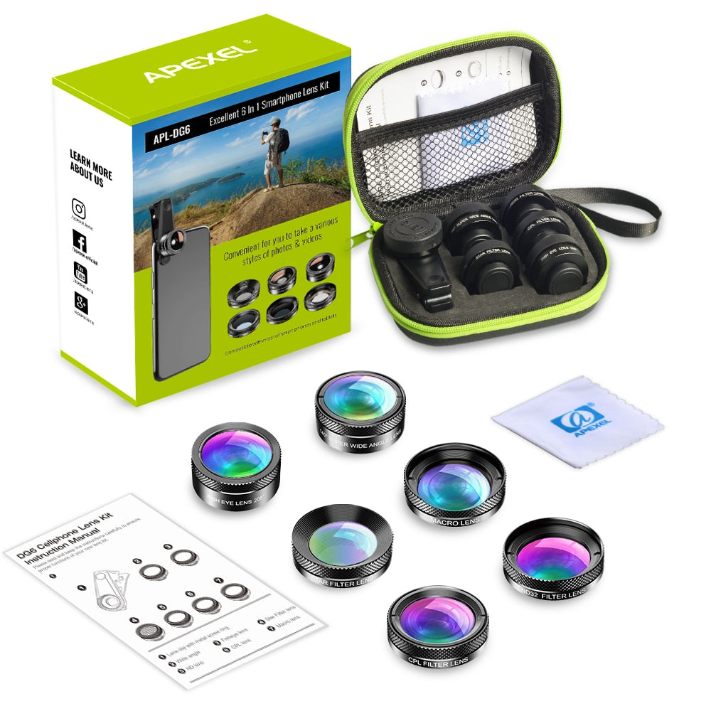 APEXEL Universal 6 in 1 Phone Camera Lens Kit Fish Eye Lens
