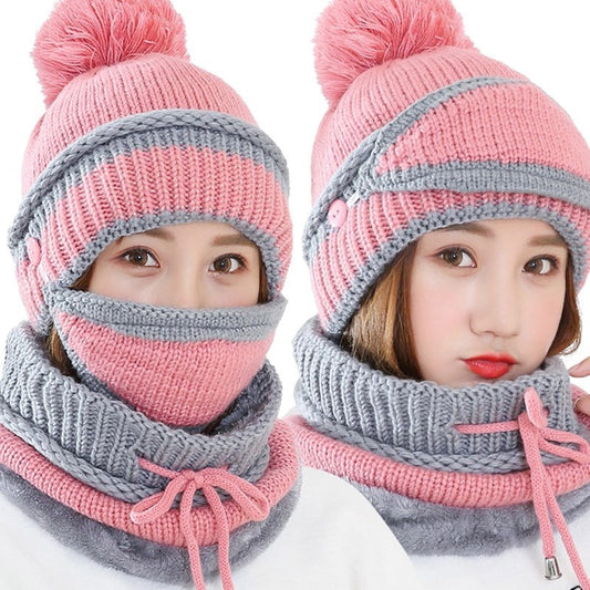 Women's Winter Hat Mask Bib 3 Pieces Set
