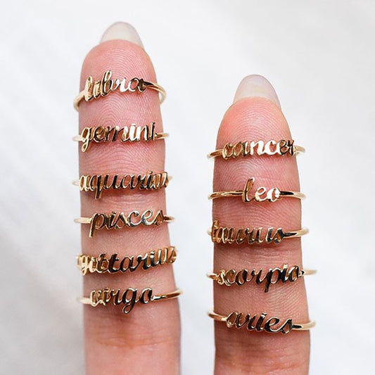 Minimalist thin Open Gold 12 Star Signs Finger Rings
