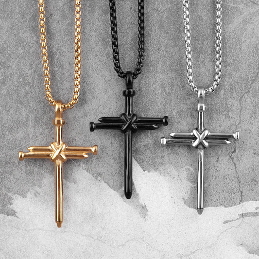 Stainless Steel Black Gold Cross Nails Men Necklaces