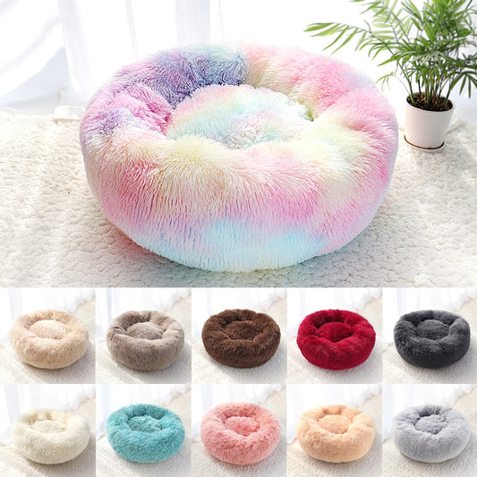 Pet Dog Bed Warm Fleece Round Dog Kennel House Long Plush Winter Pets