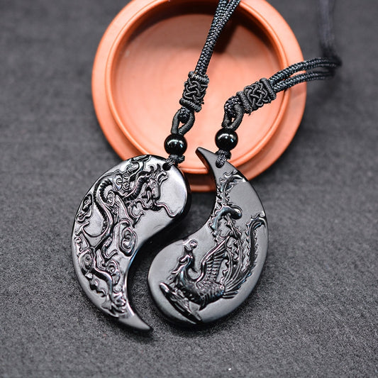 1 Set Obsidian Taichi Dragon and Phoenix Necklace