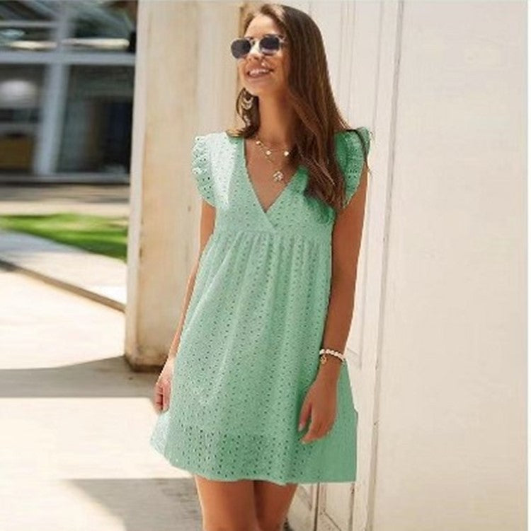 Hollow Out Mini Dress Sexy V Neck Lace Short Ruffle Sleeve