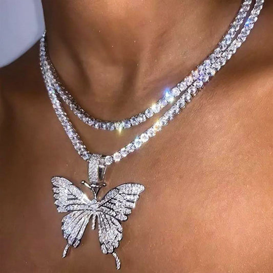 Fashion Bling Rhinestone Butterfly Pendant Choker Necklace