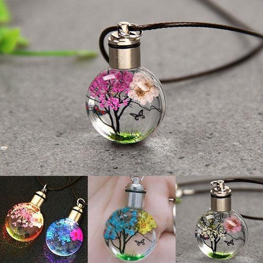 Dried Flower Butterfly Glass Ball Necklace Pendant