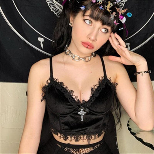 Velvet Y2K Mall Goth Crop Tops Black Lace Trim Emo