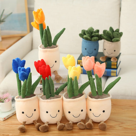 Lifelike Tulip & Succulent Plants Plush Stuffed Toys Soft Bookshelf