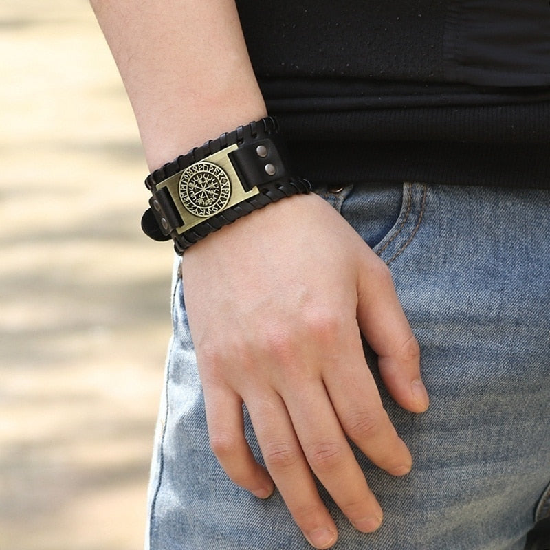 New Trendy Wide Leather Pirate Compass Bracelet