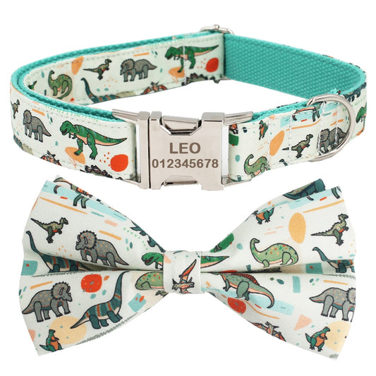 Dinosaur dog collar and leash set with bow tie