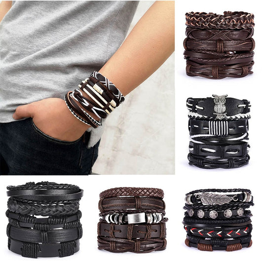 Men Bracelets Vintage Multilayer Leather Braid Bracelets Bangles