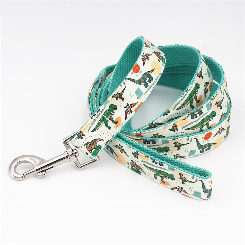Dinosaur dog collar and leash set with bow tie