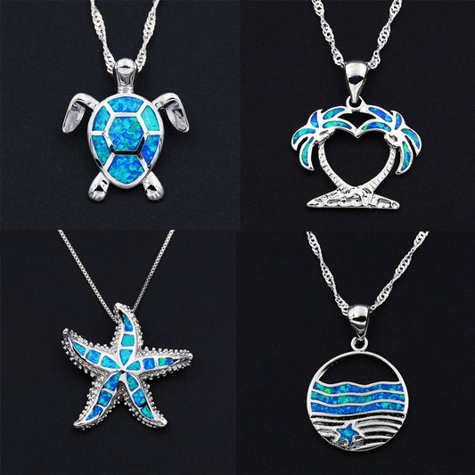Ocean Blue Fire Opal Beach Themed Pendant Necklace