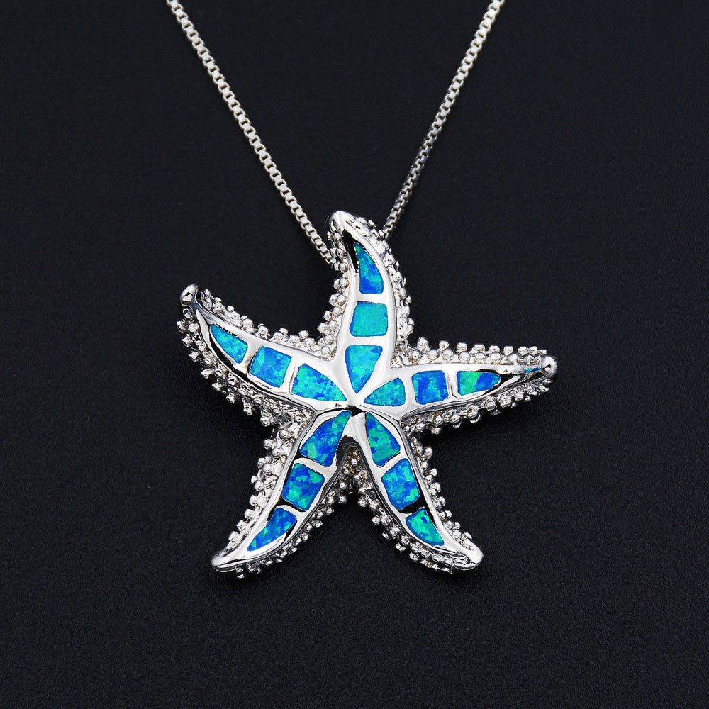 Ocean Blue Fire Opal Beach Themed Pendant Necklace