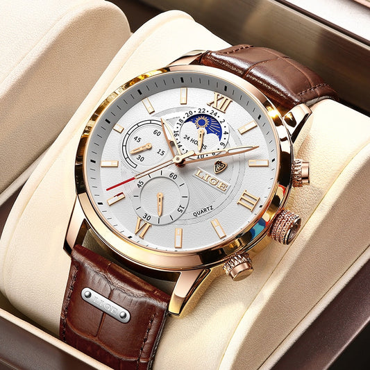 LIGE Men Watches New Fashion Leather Waterproof Luminous