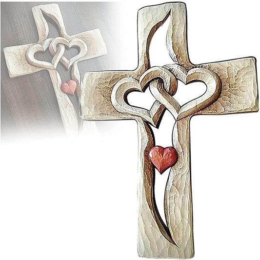 Carved Wooden Cross Intertwined Hearts Acrylic Love Cross