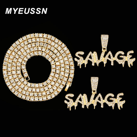 Bling Bling Savage Letter Necklace & Pendant Shiny Ice Out Link Chain