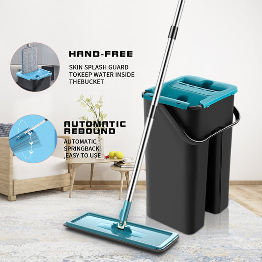 Flat Squeeze Mop With Bucket 360 Rotating Hand Free Washing Floor
