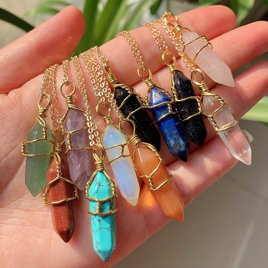 Natural Stone Pendant Wire Wrap Crystal Necklace