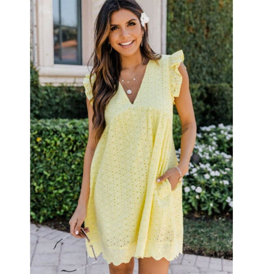 V-neck Summer Short Sleeve Lace Dress Ladies A Line