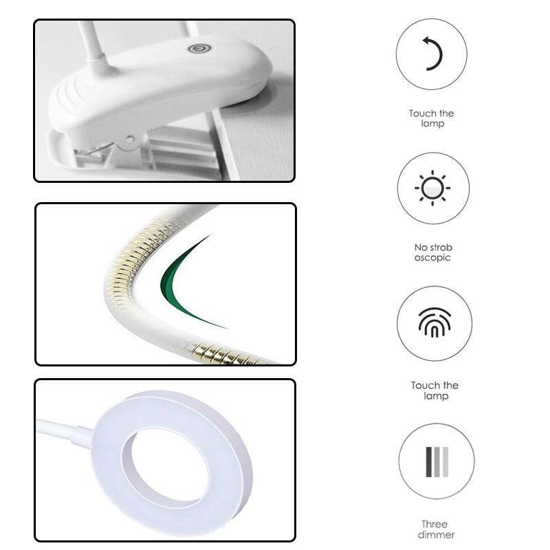 8W Desk lamp USB Rechargeable Table Lamp with Clip