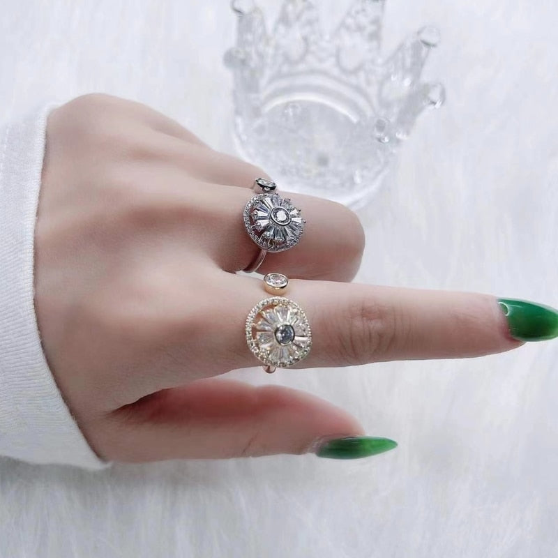 Fidget Spinner Rings for Women Cubic Zirconia Sunflower