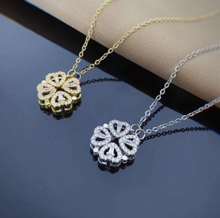 Retro Magnetic Folding Heart Shaped Four Leaf Clover Pendant Necklace Women Love