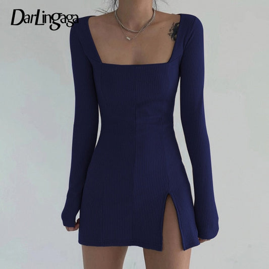 Elegant Square Neck Ribbed Black Dress